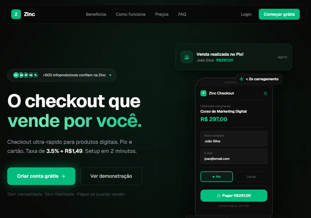 Captura do site Zinc